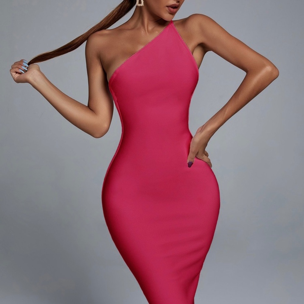 One Shoulder Midi Bandage Dress - Hot Pink